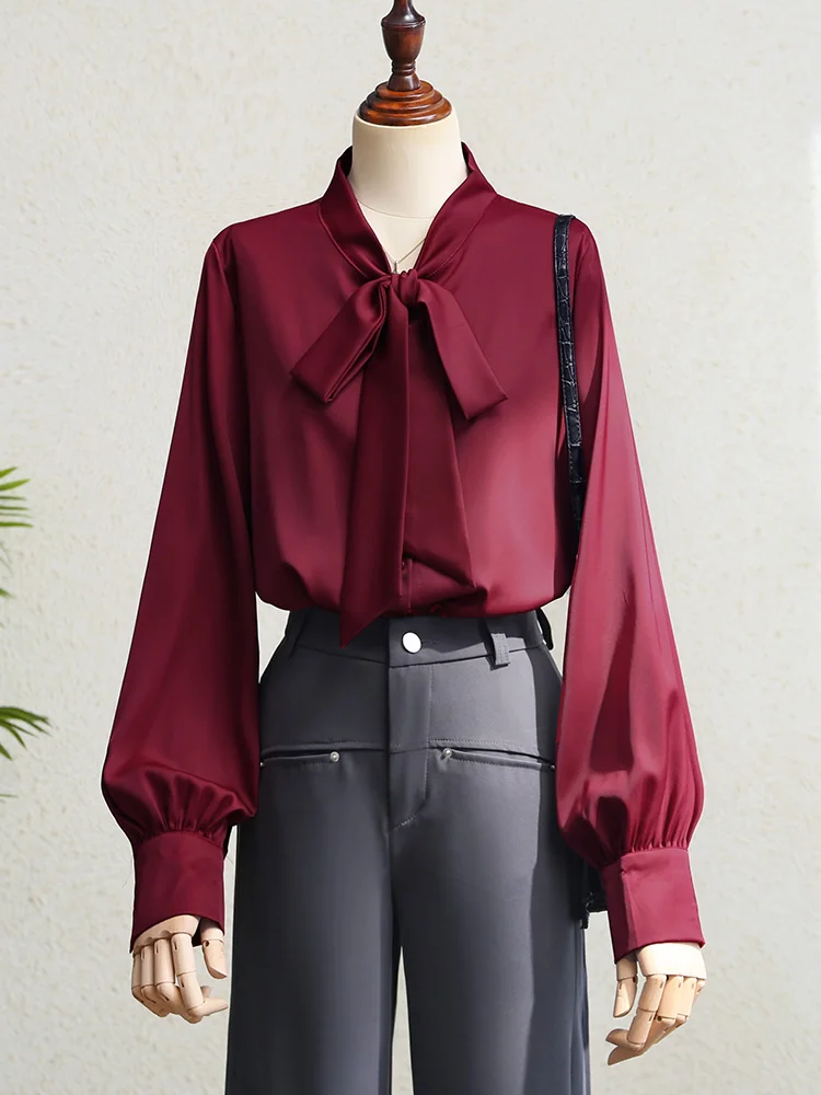 

Ankela Red Silk Feel irt Женский осенний фонарь Све Commute OL Long Sve Top V Ne Straight Cut Simple Sle