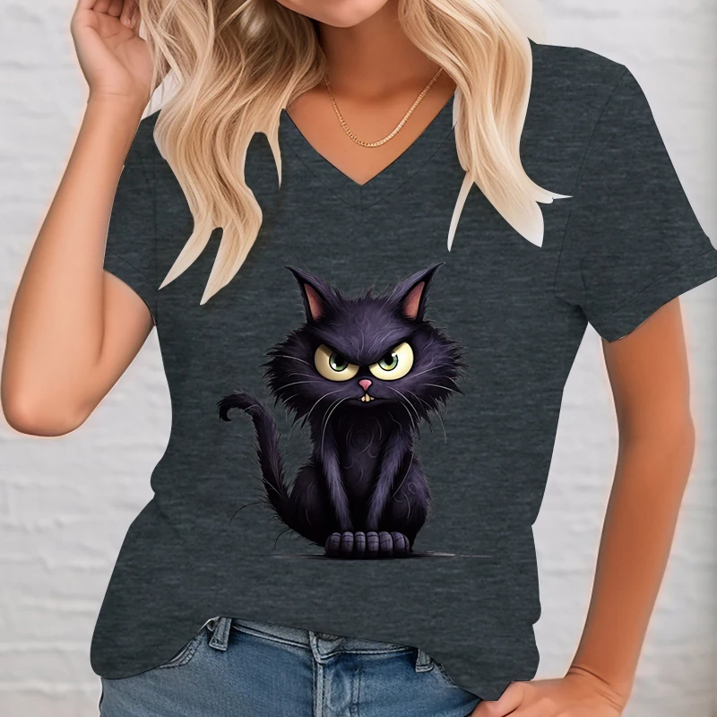 2024 Summer V-Neck T-Shirts Women 3D Animal Angry Cat T Shirt Fashion Casual Short Sleeve Shirt Harajuku Style Anime Kitten Tees