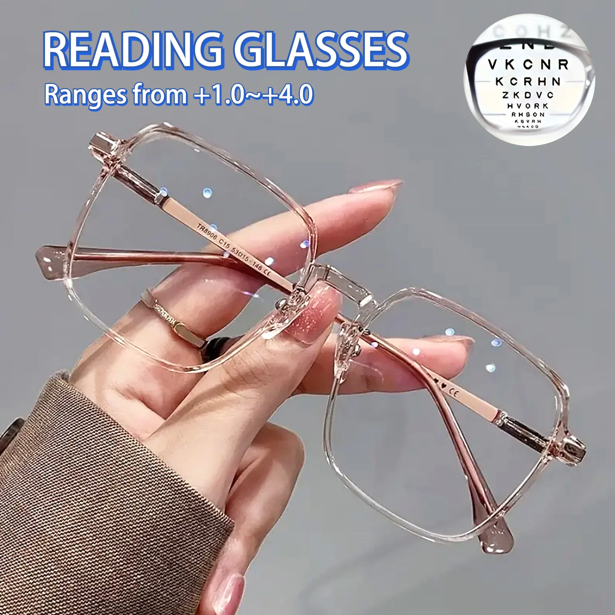 Gafas de lectura cuadradas grandes con purpurina, gafas de lectura de moda, gafas de lectura para mujeres y hombres +1,0 a +4,0