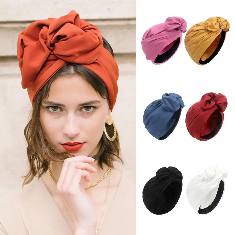 Women Cross Headscarf Solid Color Bow-knot  Bandana Hat Soft Breathable Turban Hat Retro Style Headwrap Fashion Accessories