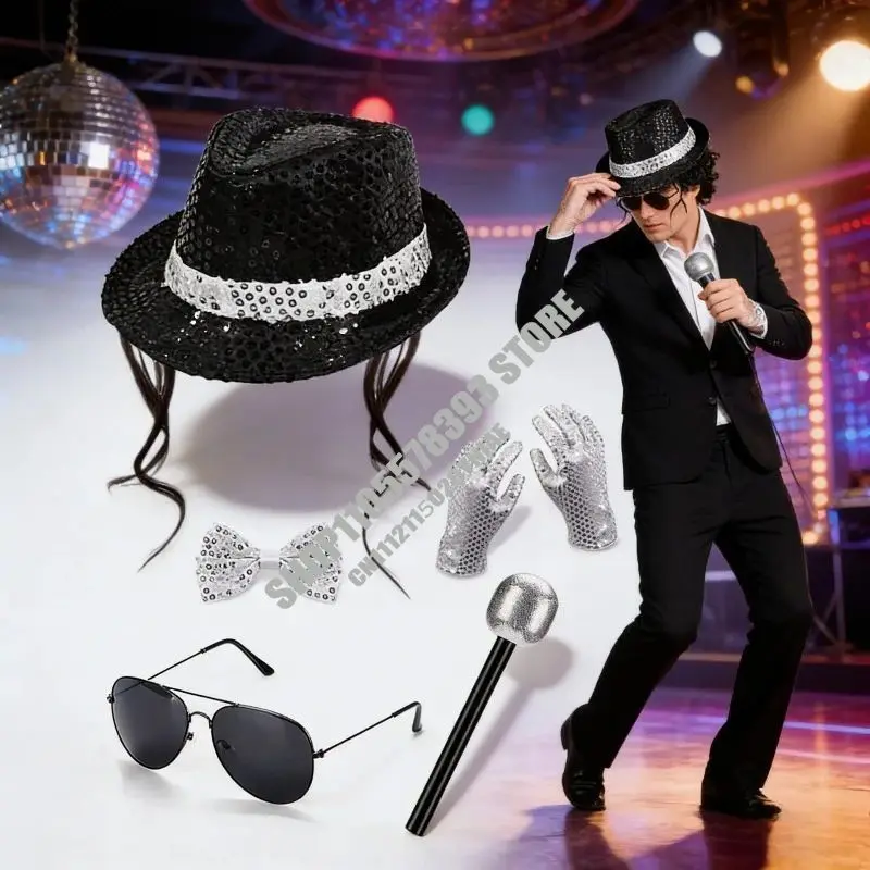 

Michael Jackson Secret Agent Set Black Sunglasses Earplug Badge Halloween Dress Up Props Role Playing Costumes