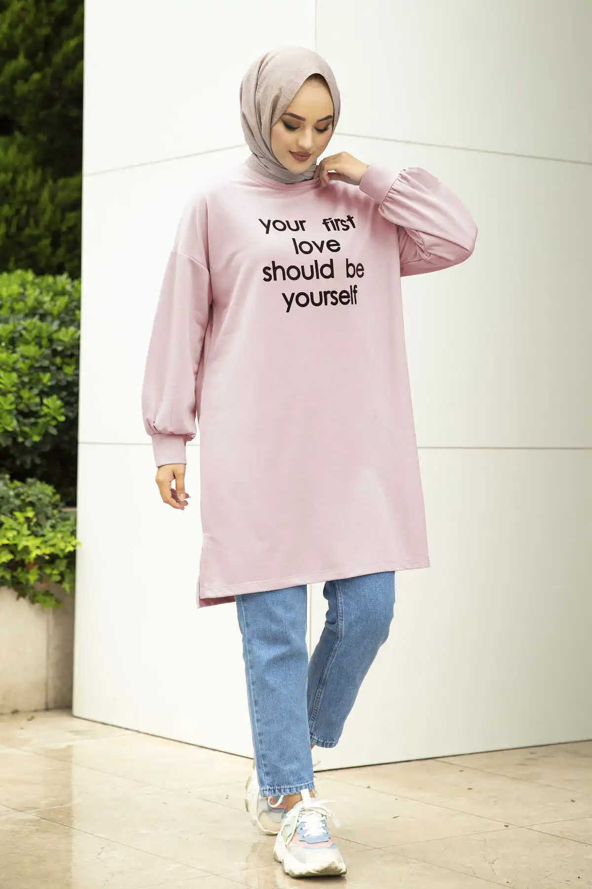 Lettering Printed Sweat Tunik SAG Powder Winter Autumn 2021 Muslim Women Hijab headscarf Islamic Turkey