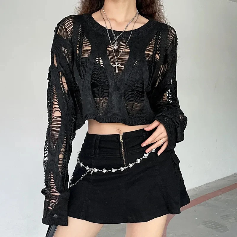 Black Knitted Smock Women Fashion High Street Hollow Irregular Harajuku Y2K Pullover Chic Gothic Style Long Sleeve Dances Tops