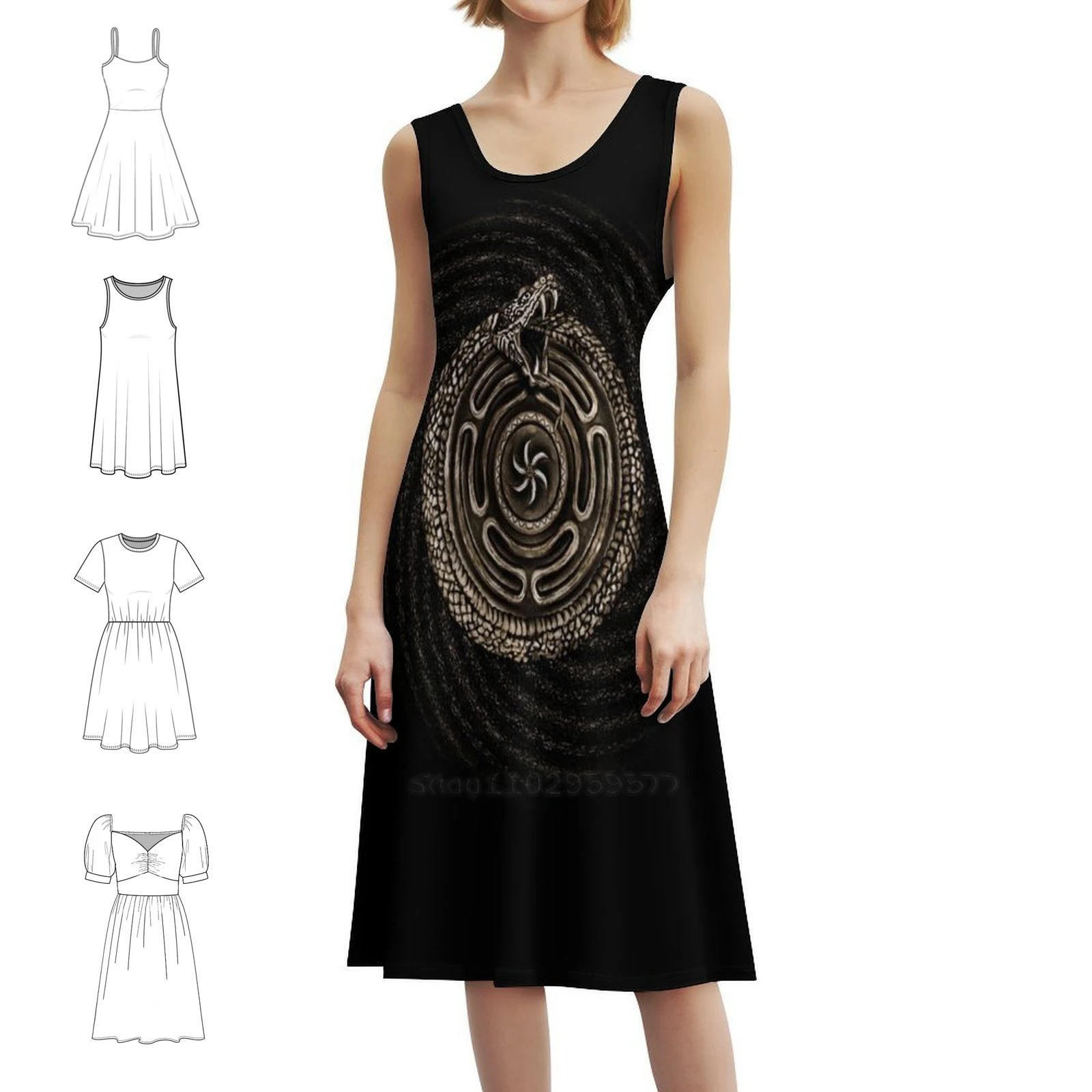 عجلة هيكات مع فستان بوهيمي بدون أكمام من Ouroboros للنساء مطبوع فساتين حفلات الشاطئ Uroboros Ouroboros عجلة الثعبان من #1