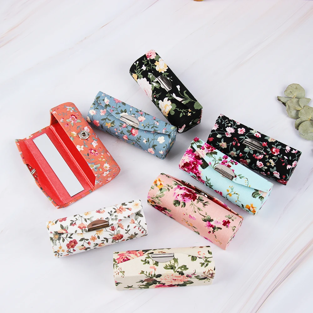 Fashion Lipstick Case Retro Embroidered Flower Designs With Mirror Packaging Lip Gloss Box Jewelry Storage Makeup Storage Box