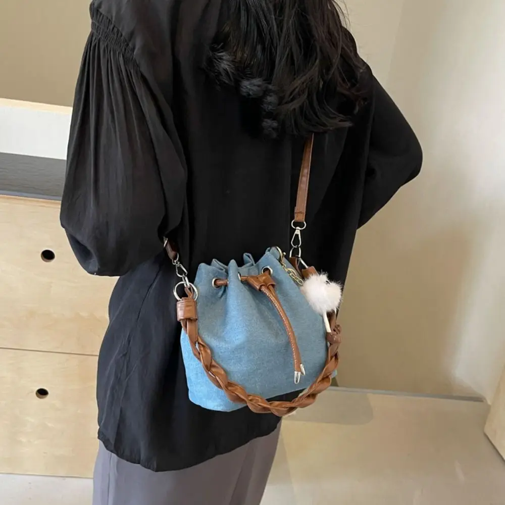 Creative Fashion Denim Single Shoulder Crossbody Drawstring Bucket Bag Casual Lady Handbags Tote Purses