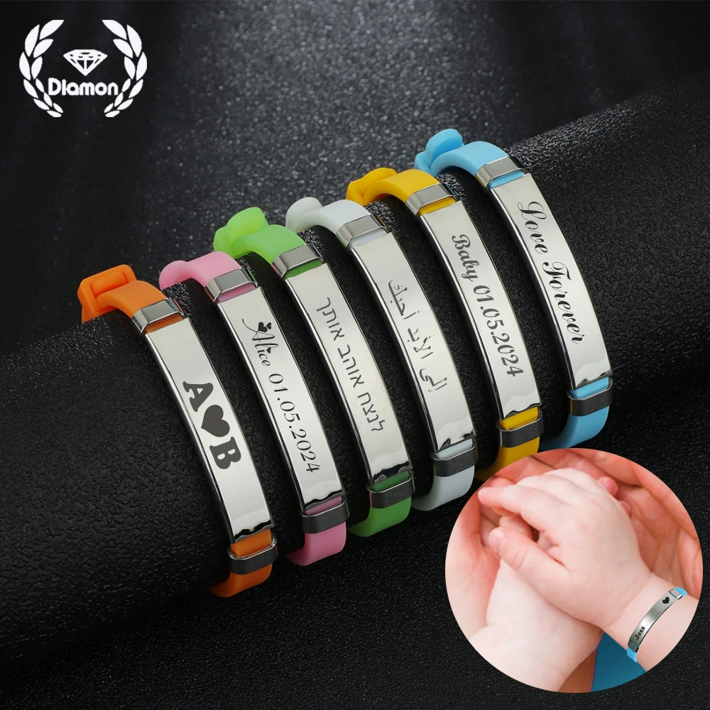 דימון אישי שם חריטה צמיד תינוק תאריך id id סיליקון רך נירוסטה מספר מותאם אישית עבור ילדים חג