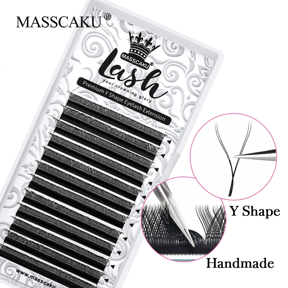 MASSCAKU Triple Split Tips YY Design Matte Black Premade Volume Fans Eyelashes Extensions Professional Makeup Lashes for Salon