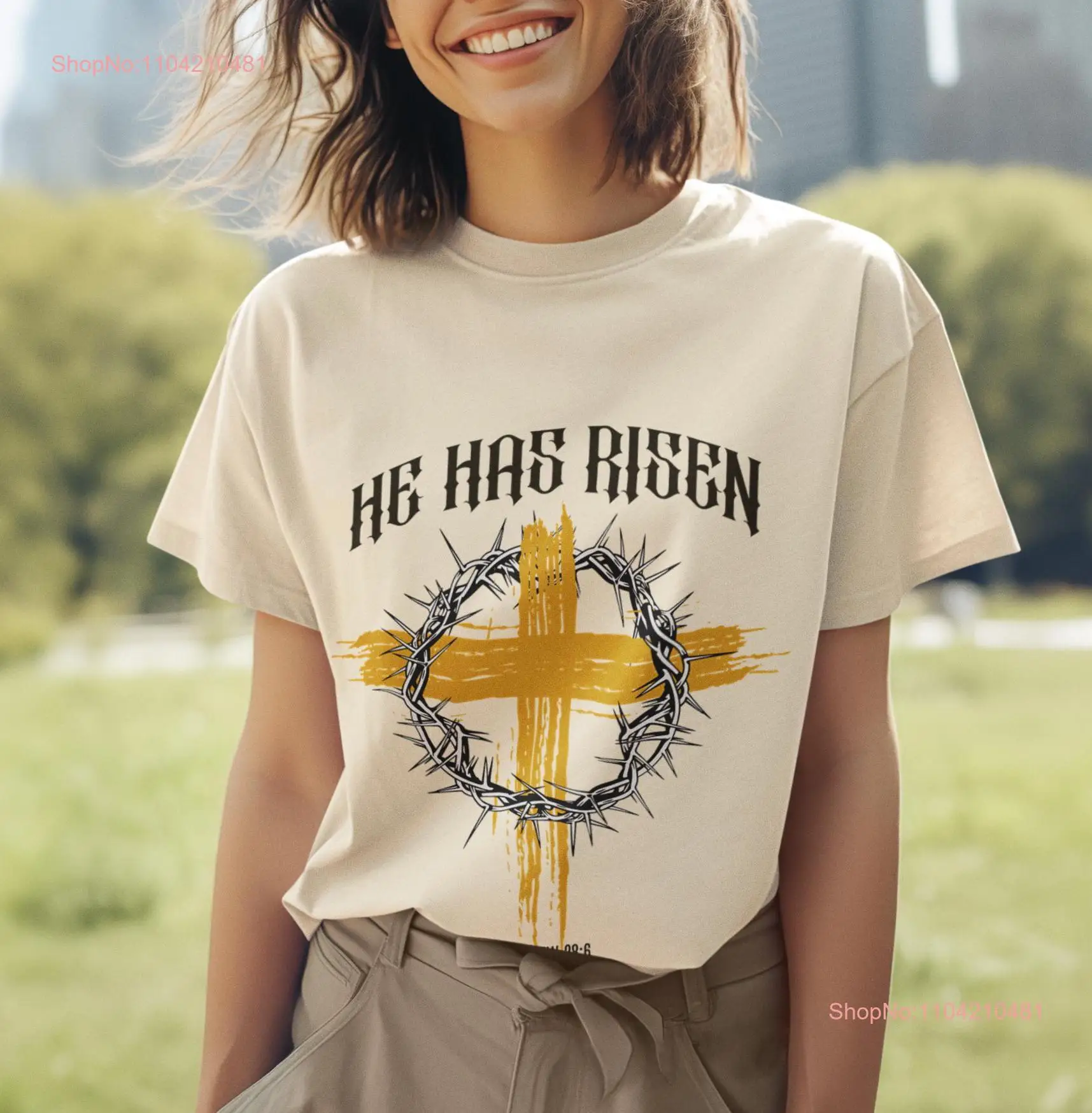 He Has Risen Christian T Shirt Cross and Crown of Thorns Design Inspirational Faith Religious Easter Apparl