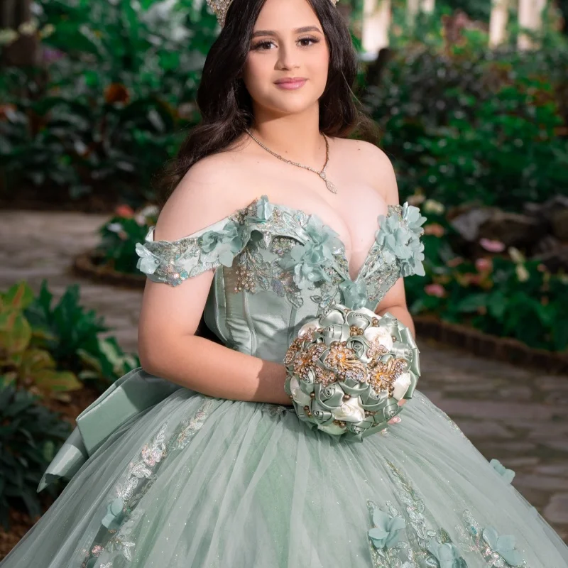 

Mint Green Quinceanera Dresses Off the Shoulder Glitter Decal Crystal 3D Flower Long tail Vestido De 15 Quinceanera Customize