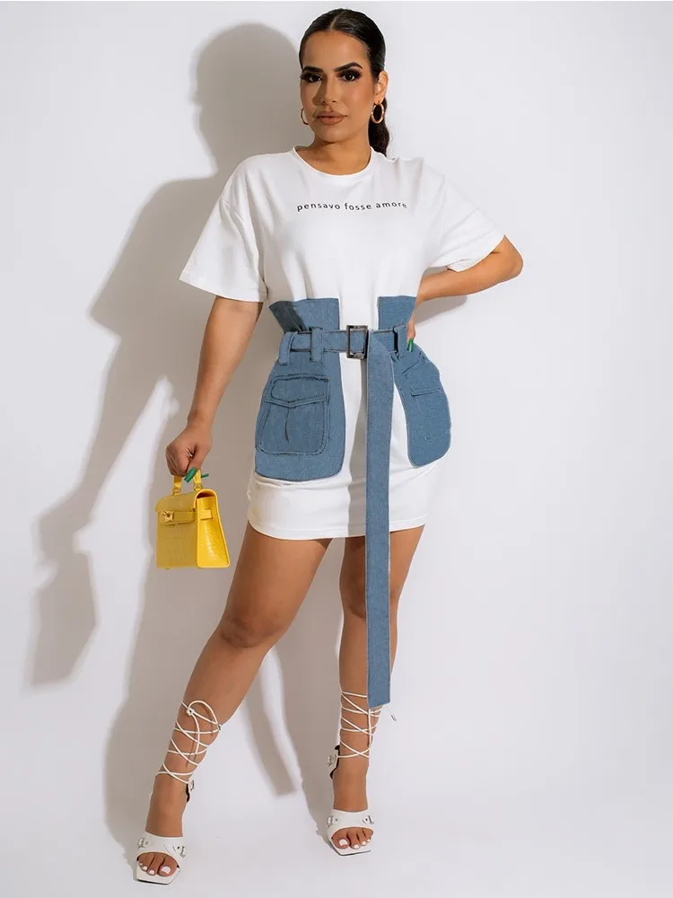 Casual New Streetwear Denim Patchwork Sashes Dresses 2025 Spring Summer Clothes Women O Neck Short Sleeve Mini Dress Vestidos