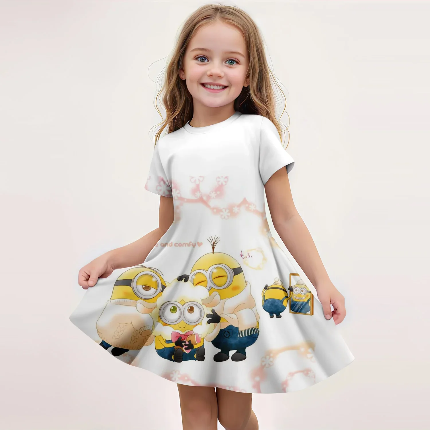 Kawaii Summer Children's New Fashion Girl Dress Comfortable Cartoon Cute Minions Hello Kitty Dress 3d Print Short Sleeved Dress