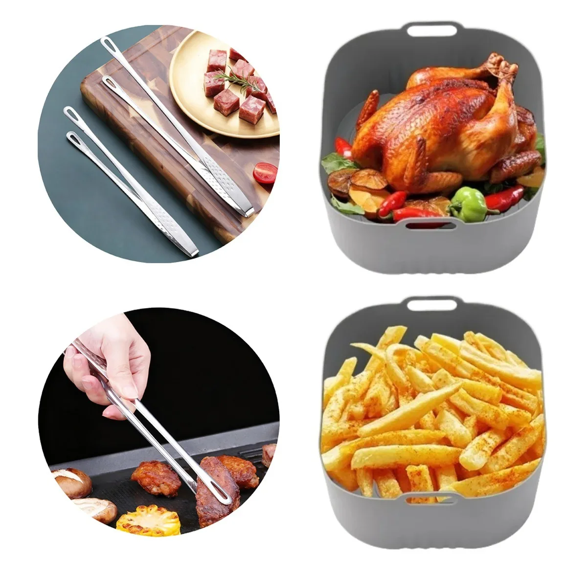 17cm Silicone Air Fryer Mold 28cm Stainless Steel Barbecue Clip Set Non Stick Bakeware Compatible with Philips for Baking Cake