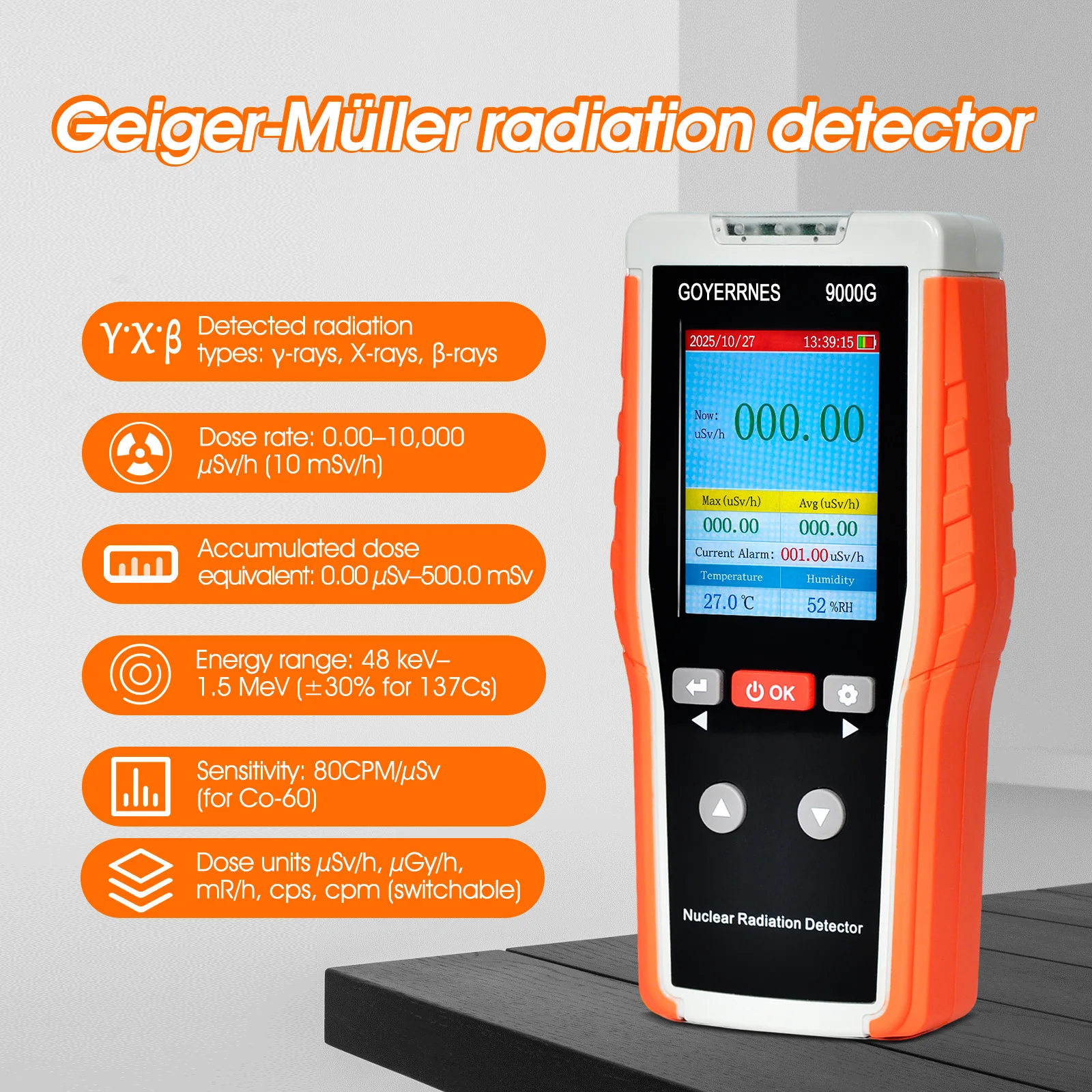 

HoldPeak 9000G Nuclear Radiation Detector Geiger Counter X γ β Ray Dosimeter USB Rechargeable LCD Display Dual Threshold Alarm