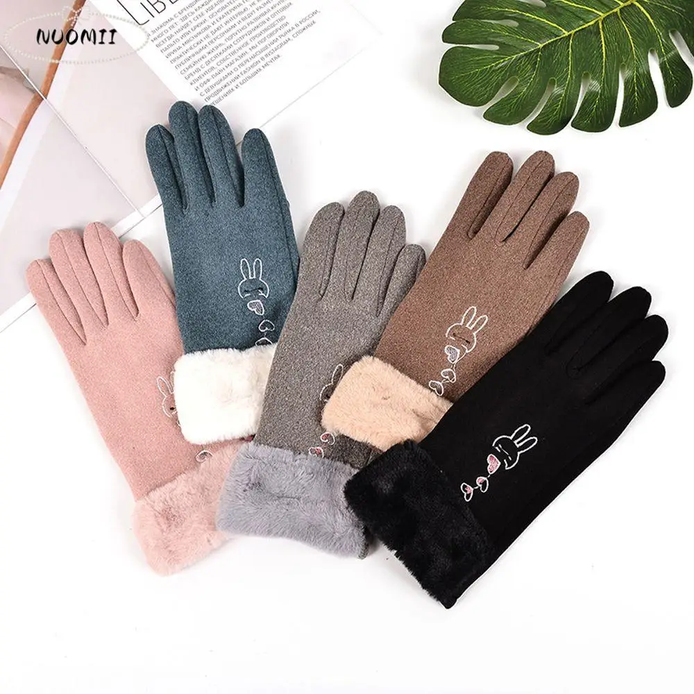 Simple Colorful Velvet Riding Driving Winter Rabbit Gloves Touch Screen Mittens Plush Gloves Women Mittens