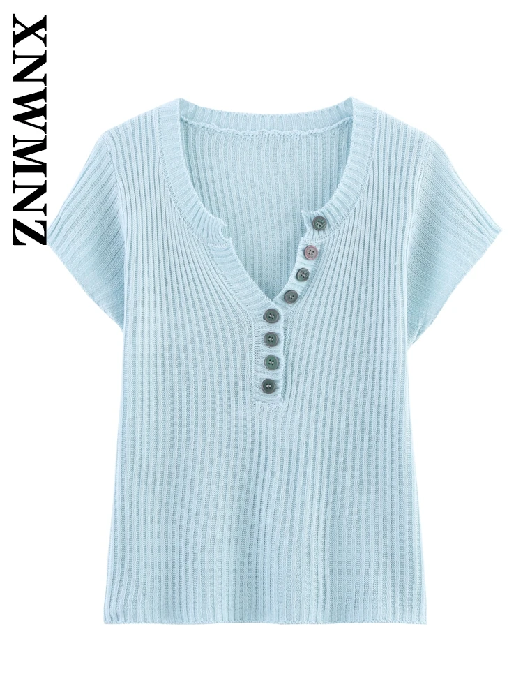 XNWMNZ 2025 Zomer Vrouwelijke Vintage Woon-werkverkeer V-kraag Gebreid T-shirt Casual Lente Vrouw Korte Mouw Trui Mode Trui