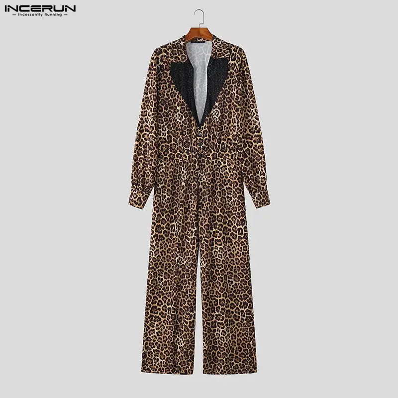 INCERUN Men Jumpsuits Leopard Print Lace Patchwork Lapel Long Sleeve Overalls Men Streetwear Loose Fashion Casual Male Rompers