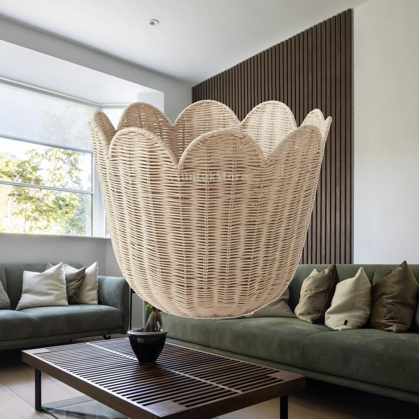 Basket with Scalloped Rim Deep Scalloped Baskets Handwoven Storage Bin Multipurpose Roomy for Living Room, Bedroom