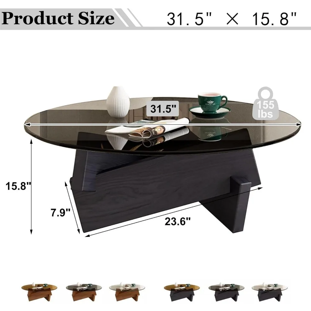 Salontafel, Ronde Salontafel Woonkamer Moderne Glazen Salontafel Met Massief Houten Poten Boerderij Midden Eeuw 31,5 Inch