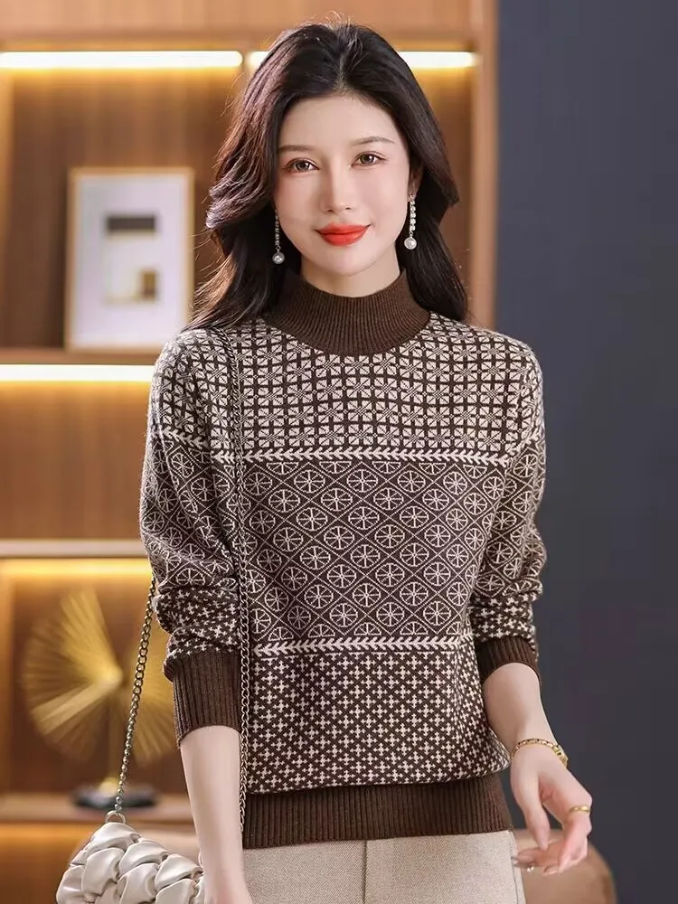 

2023 New Autumn Winter Women Half High Collar Base Pullover Sweater Elegant Retro Geometric Patterns Jacquard Knitted Sweater