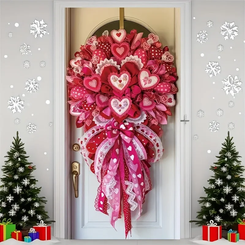 1Pc Valentine's Day Heart Door Hanging Lace Bow Door Hanging Romantic Holiday Home Store Decoration Door Hanging Atmosphere Decoration Pendant