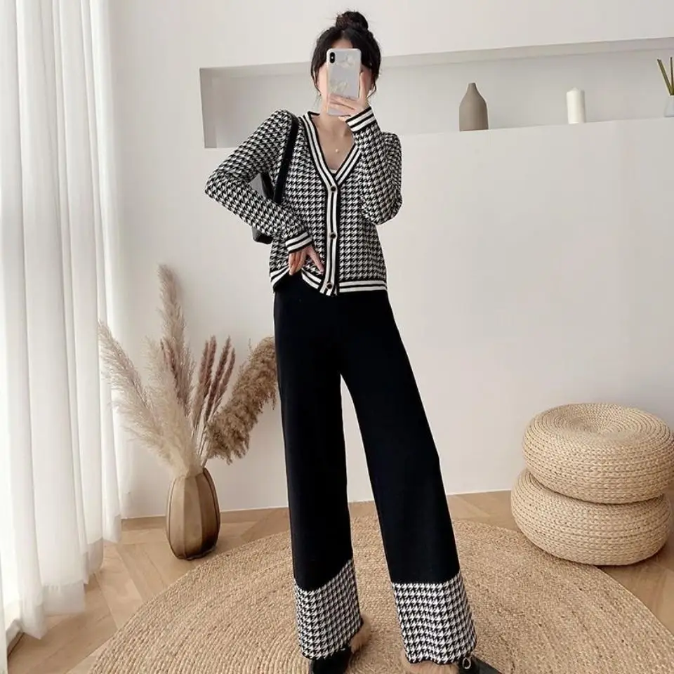 Women\'s Pants Two Piece Set Sweater Crochet Autumn Knitted Ladies Trouser Winter Lattice Wide Leg Classy Clothing Trend 2024