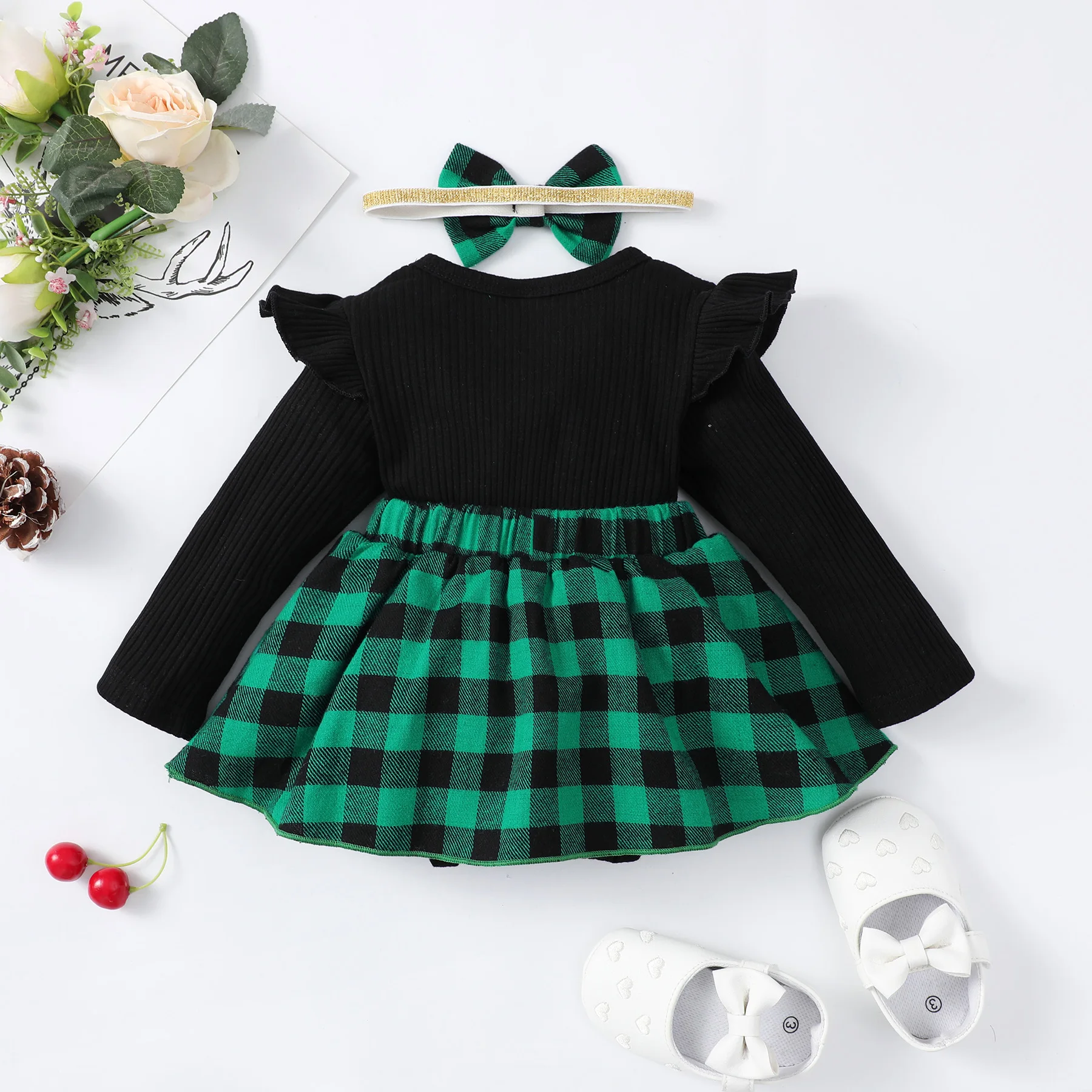2PCS Newborn Infant Baby Girl Long Sleeve Ruffle Bodysuit Jumpsuit Set+ Bow Autumn Christmas Holiday Party Photo Clothes 0-18M