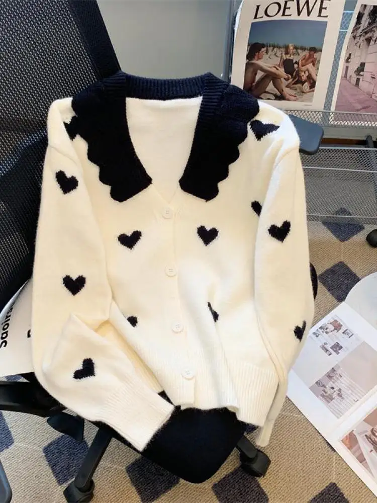 

Vintage Black White Patchwork Cardigan Sweater Women Single-breasted Long Sleeved Elegant Knitted Tops Autumn Winter Versatile