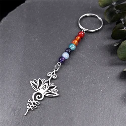 Yoga Lotus Healing Balancing Maxi Chakra Keychain Stainless Steel Colorful Stone Beads 7 Chakras Energy Key Chain Jewelry
