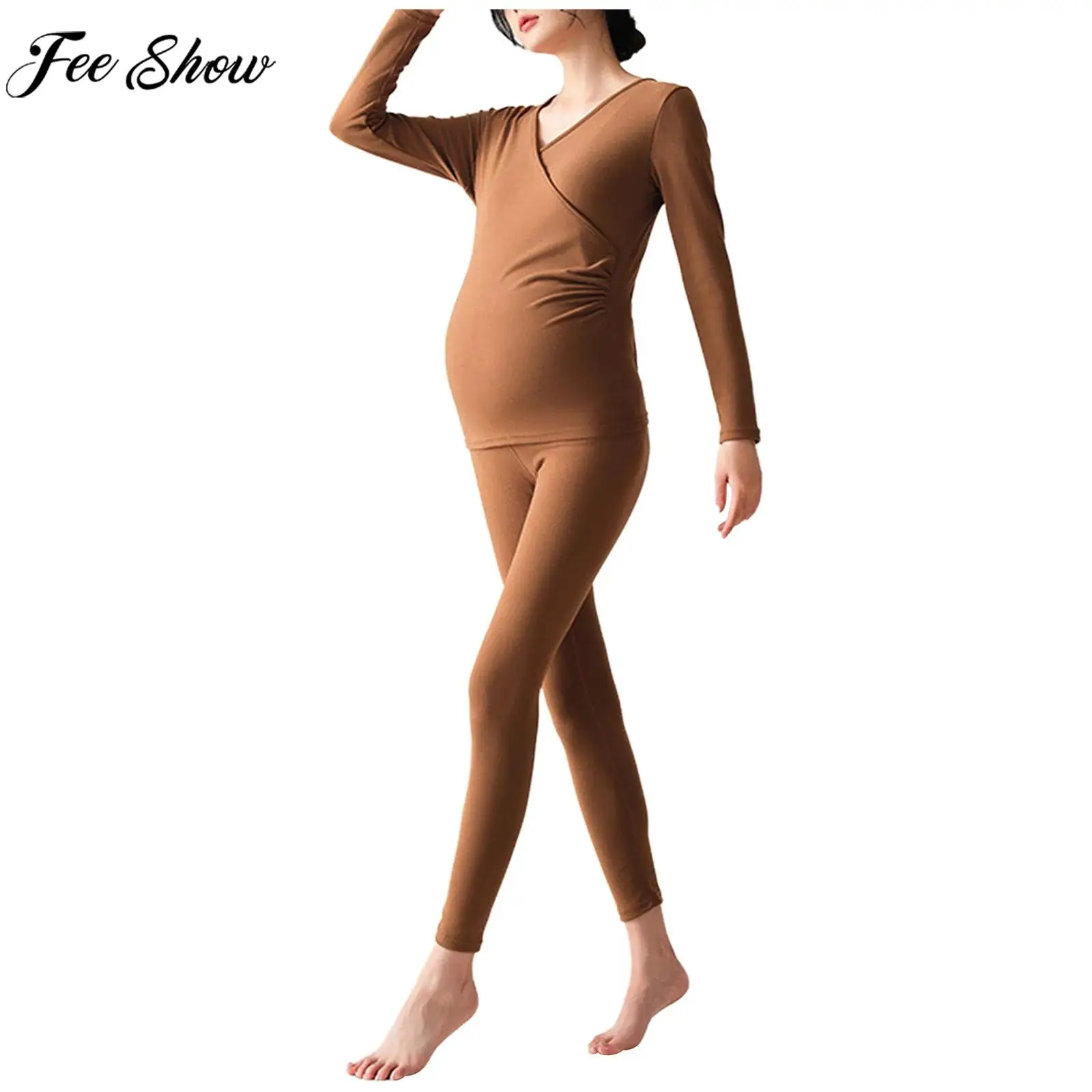 

Пижамный комплект для беременных и кормящих женщин, термобелье для кормления грудью, топ с длинными рукавами и рюшами и брюки, одежда для сна, домашняя одежда, домашняя одежда