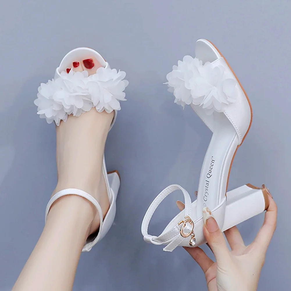 7cm fish billed high heel sandals, shallow mouthed flower oversized round toe high heels, silk fabric thick heel sandals