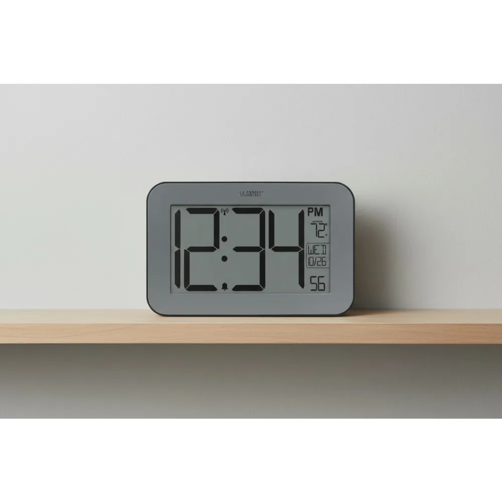 

Large 4-Inch Digital Atomic Clock with Indoor Temperature & Calendar - Wall/Table Mount - Easy Read Silver Finish