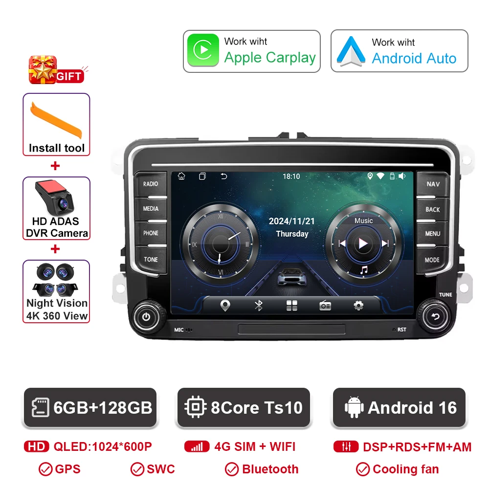 Auto radio voor VW Skoda Golf Touran Passat B6 B7 Polo Android Auto Multimedia Videospeler GPS Carplay BT QLED Scherm Stereo WIFI