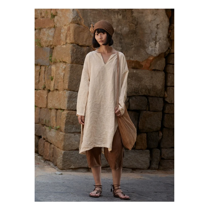 Robe en lin à manches longues pour femmes, pull gris haut de gamme, jupe de loisirs en plein air, grande taille, t-shirt simple, printemps et été