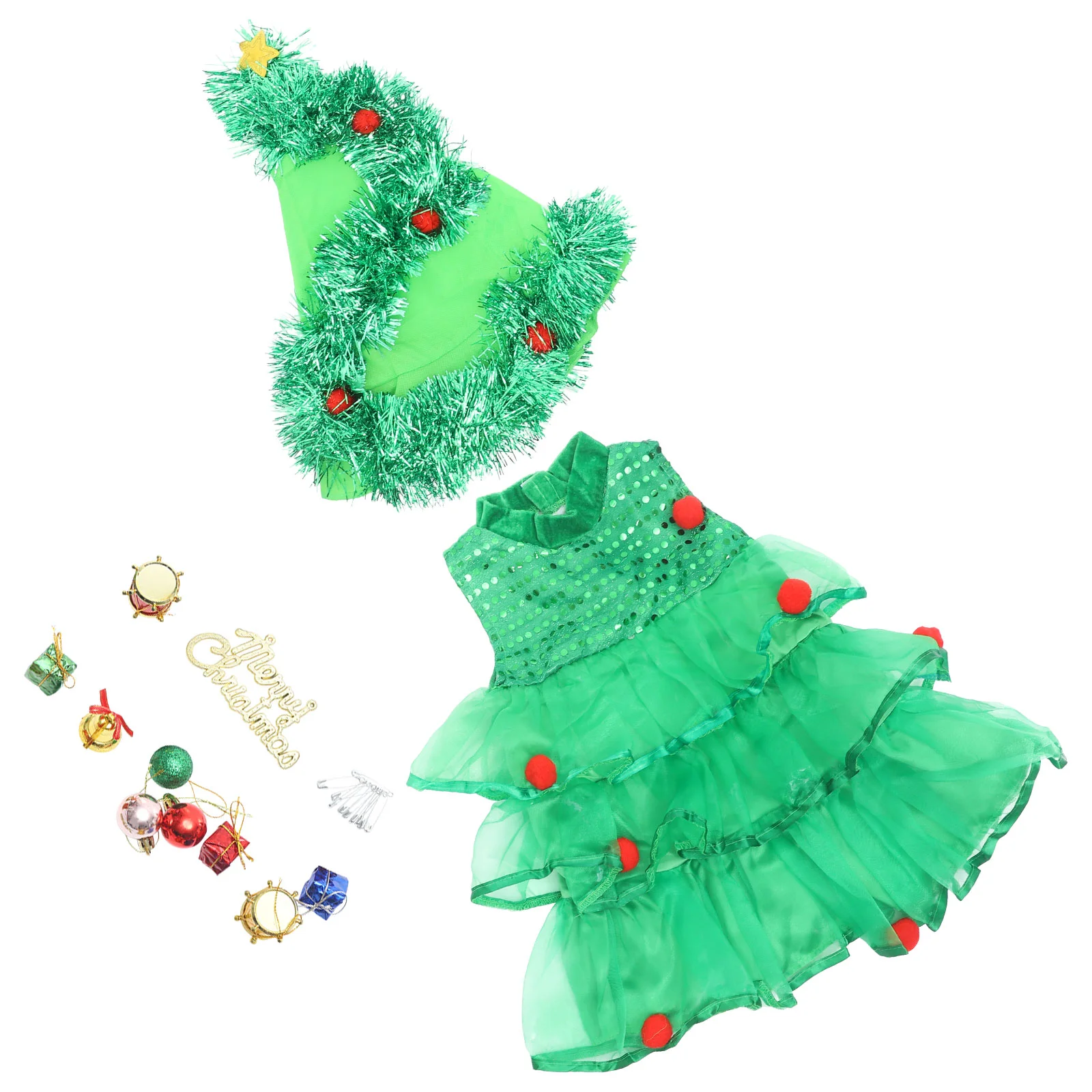 

Girl Child Green Tree Outfit Christmas Dress Hat Children Cartoon Performance Costumes