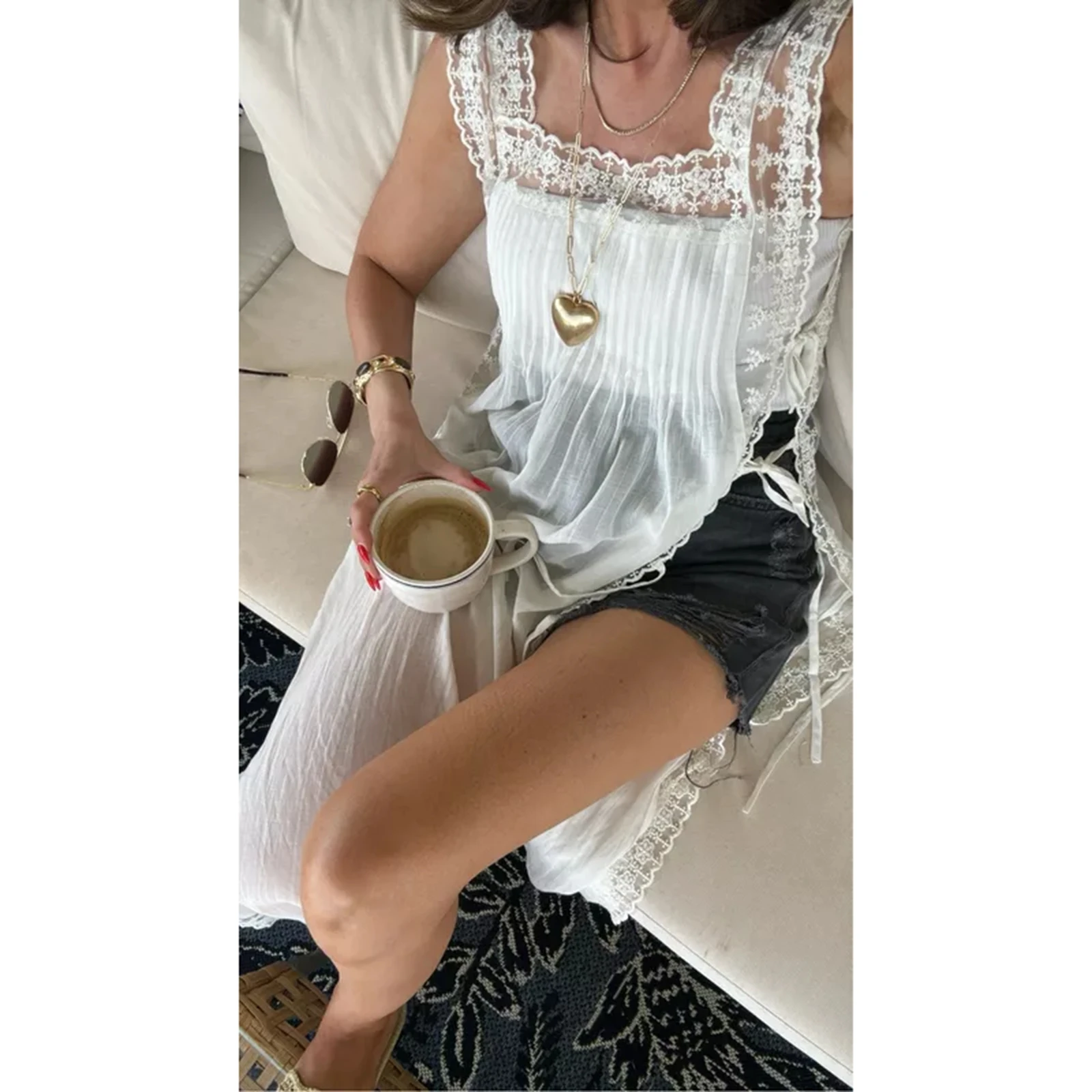 Abito da spiaggia vintage Boho da donna Abito estivo casual senza maniche con allacciatura sul davanti in pizzo Abito da canotta per feste da vacanza Abbigliamento quotidiano Streetwear