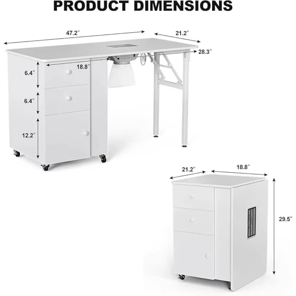 Foldable nail table, nail technology folding nail table, with electric downward suction vent, lockable wheels, storage drawer