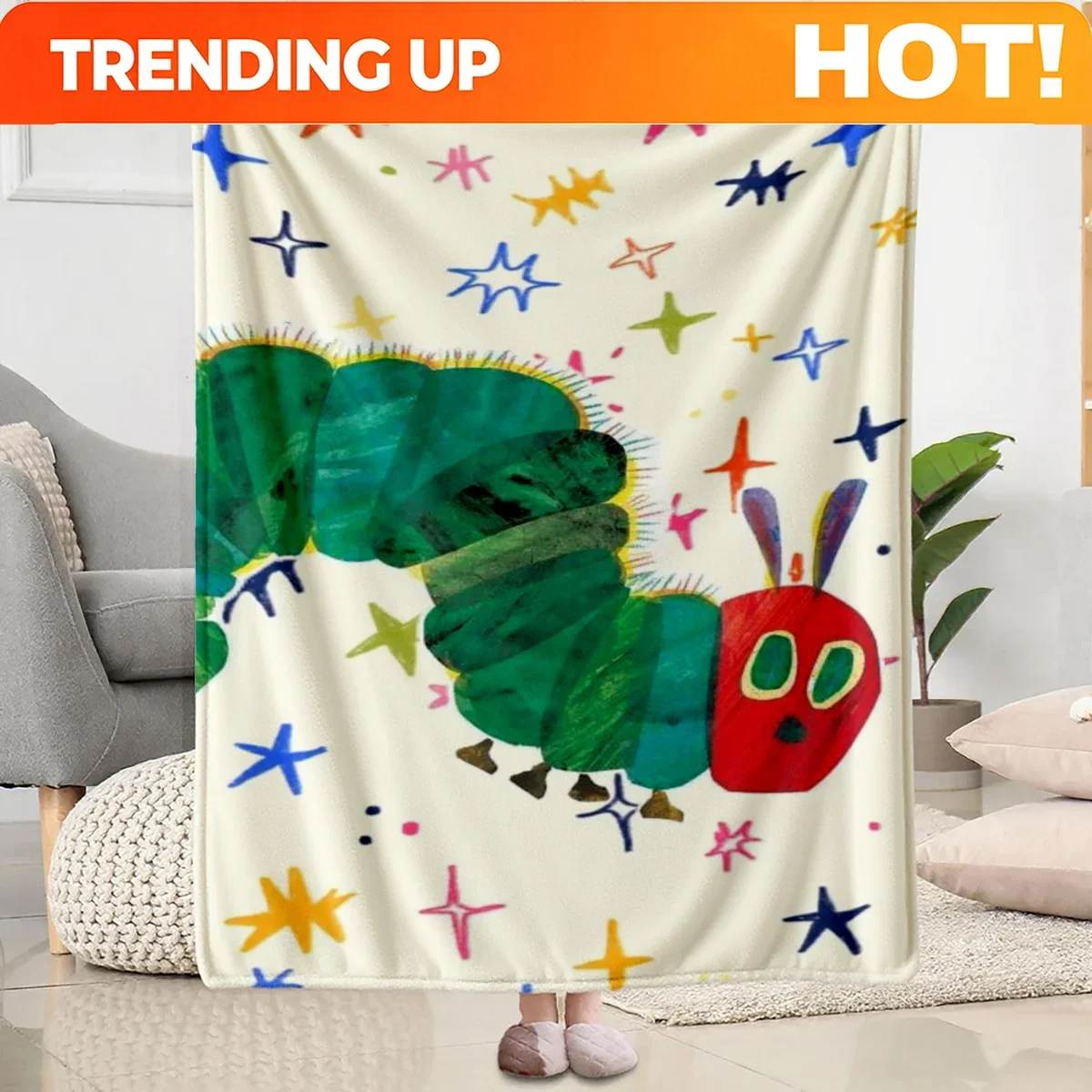 Customization 1pc 1pcs Retro For CATERPILLAR & Star Flannel Blanket - Soft Suitable For All Seasons, Thick Cozy Bedspread For Ad