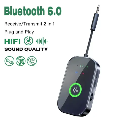 Bluetooth 6.0 AUX Audio Transmitter Receiver 2 IN 1 Wireless Adapter 3.5MM With Mic HiFi Stereo Music For Car TV PC Airplane