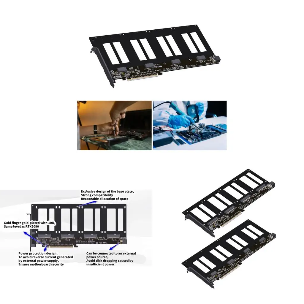 High Bandwidth PCIe5.0 x16 to 4 Port Bifurcation Splitter Adapter Expansion Card 128Gbps Fast Speed Data Transfer