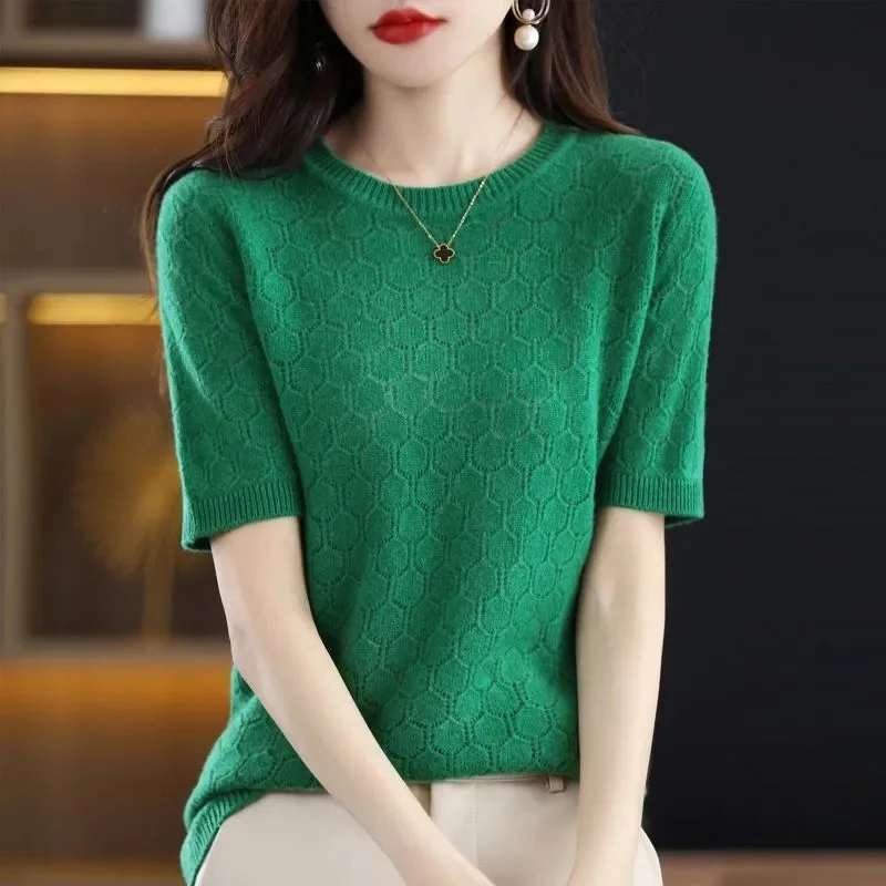 Short Sleeve T Shirt Women O Neck Wool Cotton Pullover Black Crop Top Spring Summer 2024 New Streetwear Basic Knitted Sweater To