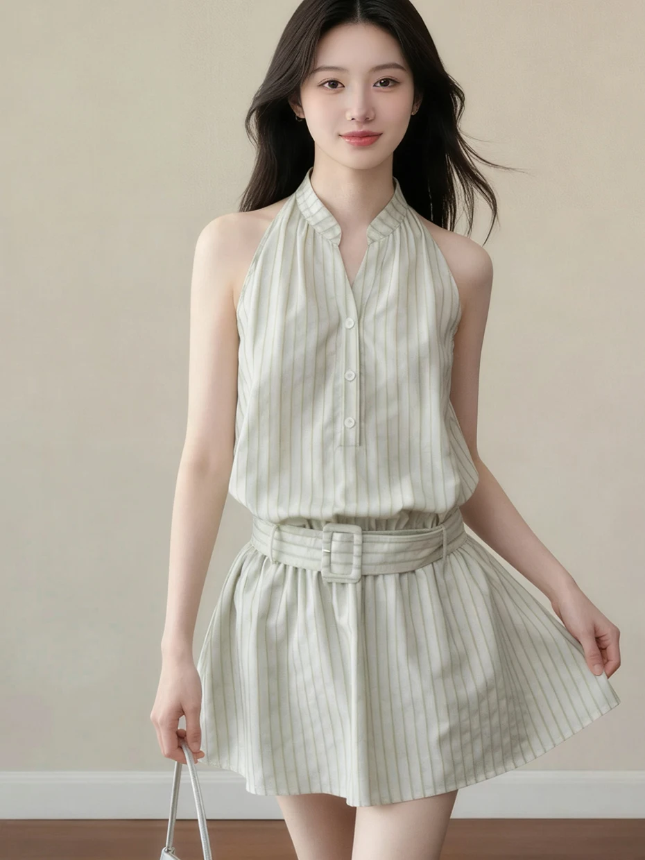 

Полосатое платье без рукавов с завышенной талией, женское, А-силуэт, повседневный стиль, дышащее, комфортное, летнее, модное, для молодых девушек