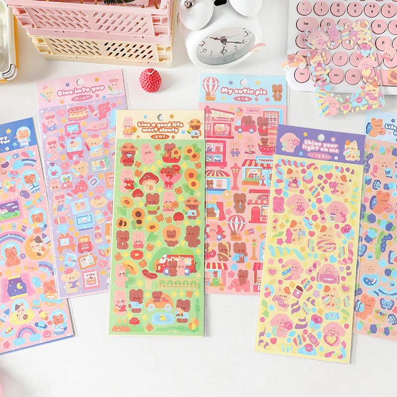 Bear Bunny Glitter Stickers Decorative Scrapbooking Goo Card Album DIY Material Diary IDol Photocard Journal Cute Stationery