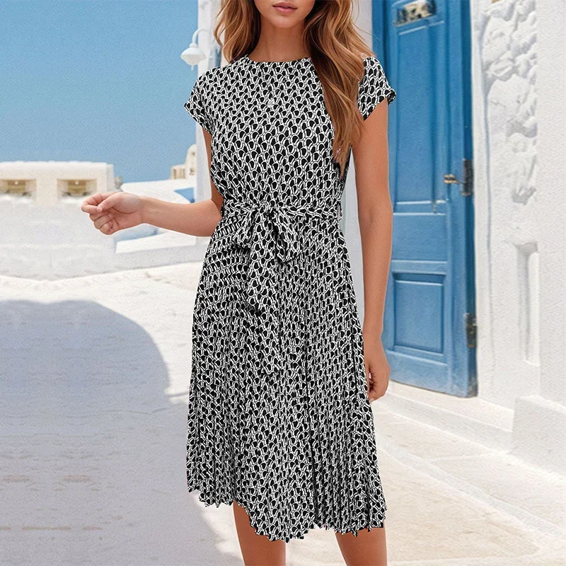 Women High Waist Lace-up Dresses Elegant Print Dress Comfortable Commuter Casual Female Gown Summer O Neck Flying Sleeves Frock