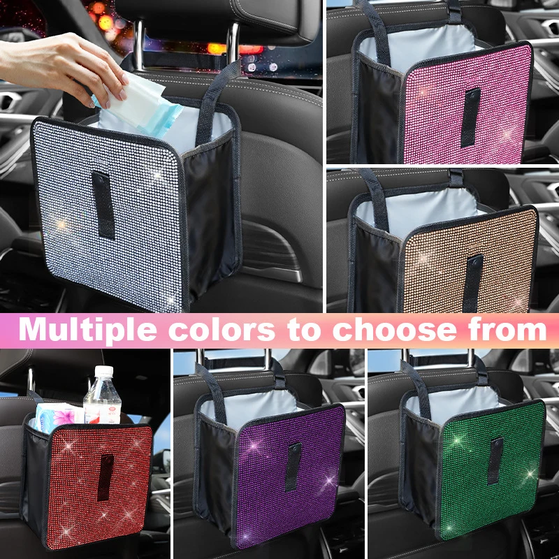 

Bling Collapsible Car Trash Can Large Capacity Seat Back Hanging Garbage Storage Bag Organizer For Women Interior Accessories