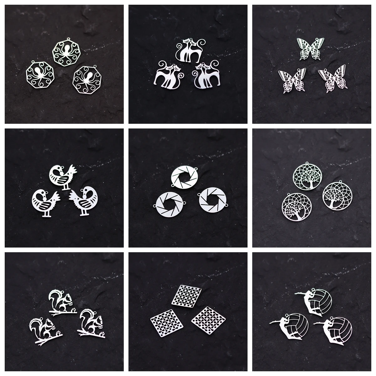 3pcs DIY Charm Earrings Octopus Cat Tree Butterfly Squirrel Stainless Steel Pendant Jewelry Making Craft Handmade Accessories