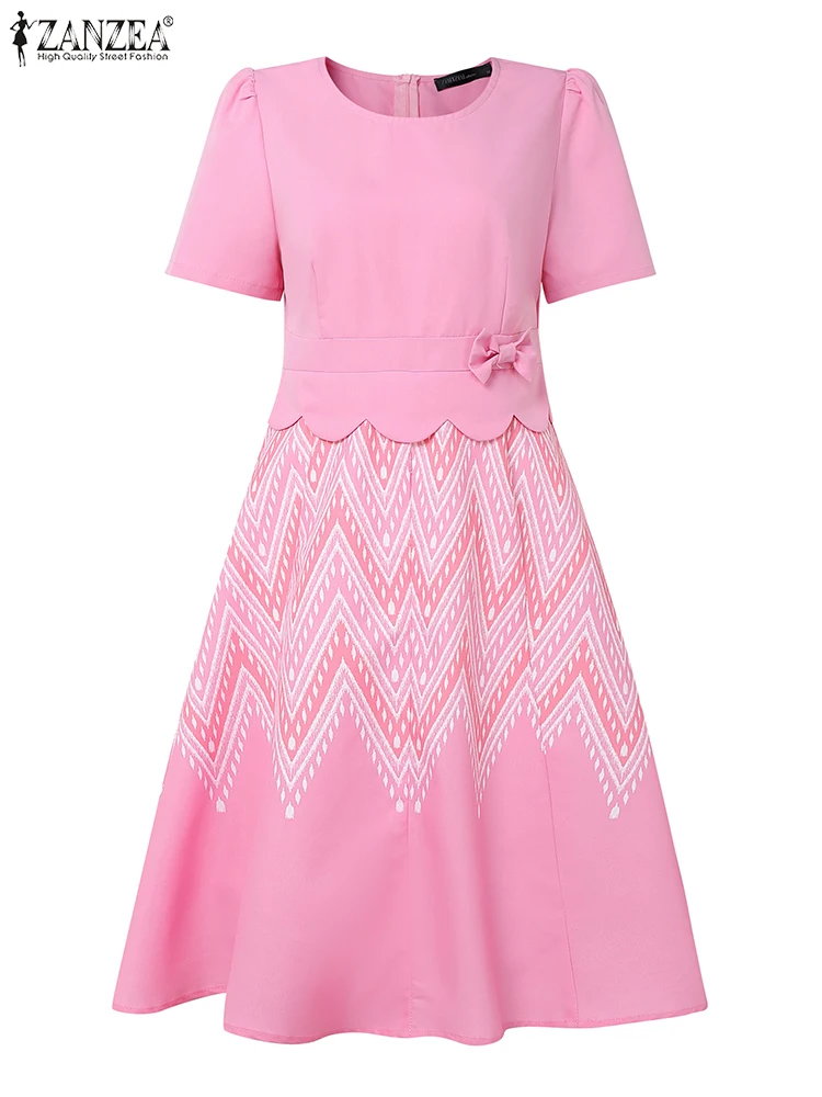 ZANZEA ฤดูร้อนแขนสั้นทํางาน Sundress ผู้หญิง Patchwork ชุด 2025 สไตล์สายพิมพ์ชุด Midi Vestido Robe