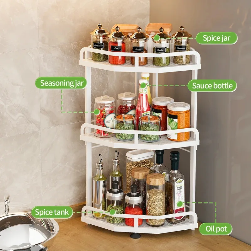 Corner iron mesh multifunctional storage rack, triangular metal shelf organizer for kitchen bathroom, space-saving stand