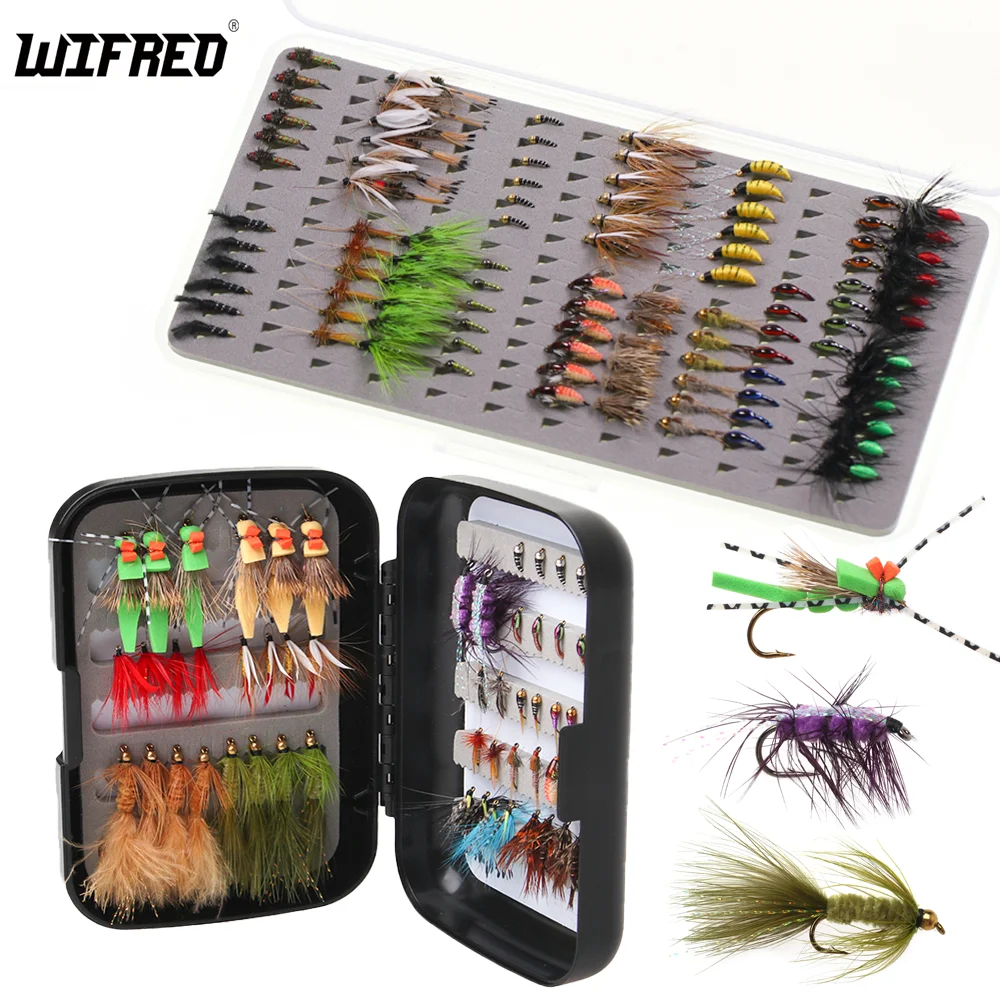 

Wifreo 52/100pcs Fly Fishing Flies Kit With Woolly Bugger Hare's Ear Nymph Dry/Wet Flies Elk Hair Caddis Royal Wulff Zebra Midge