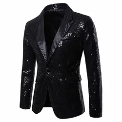 Shiny Sequin Suit Jacket Men\'s Stage Performance Coat White Silver Blue Red Purple Blazers V-neck Single Button 26893259